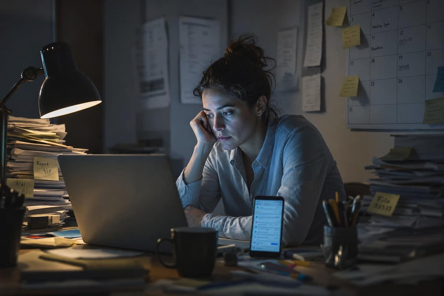A professional surrounded by the constant weight of invisible work